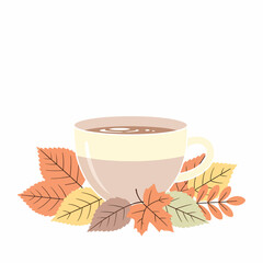 Autumnal Coffee Cup Surrounded by Colorful Fall Leaves Illustration.
