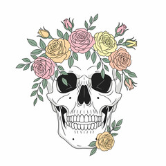Skull adorned with colorful roses and leaves, floral wreath, detailed illustration.
