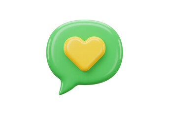 Isolated green speech bubble with yellow heart, message notification, social media love