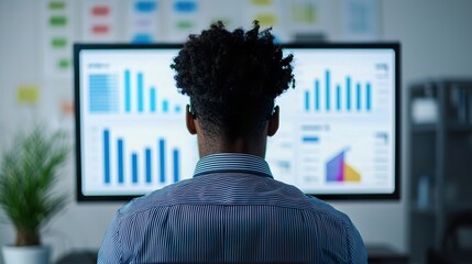 Young adult setting up a personalized financial budget plan on a large monitor, diligent, organized,