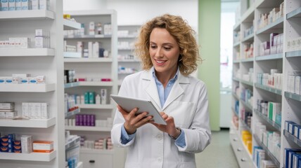 Woman in lab coat using tablet in pharmacy aisle surrounded by shelves filled with medications