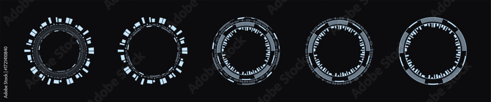 Poster a set of futuristic circular frames featuring digital elements and intricate patterns on a dark back