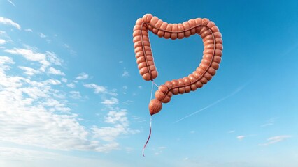 Realistic Human Colon with Balloon String Floating in a Clear Blue Sky. Anatomically Accurate Large Intestine with Detailed Texture in a Surreal Minimalist Concept. Real Organ Levitation Representing 
