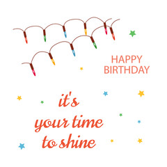 Birthday card. A garland of multicolored light bulbs, stars, and the text 