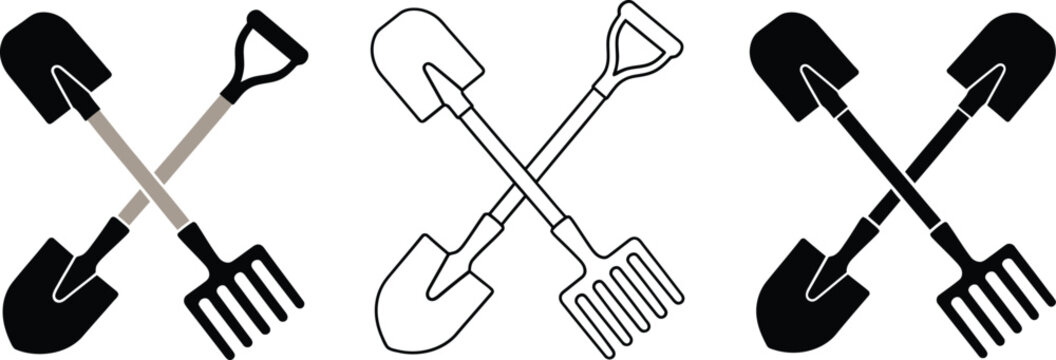 Shovel and rake gardening tools crossed vector illustration