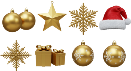 A set of various Christmas decorations, including hanging tree ornaments, balls, and ribbons, for the winter holiday season. Set of Christmas icons