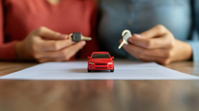 Young couple holding a small model car, with keys and loan papers on the table, achieving a purchase goal 
