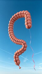 Realistic Human Colon with Balloon String Floating in a Clear Blue Sky. Anatomically Accurate Large Intestine with Detailed Texture in a Surreal Minimalist Concept. Real Organ Levitation Representing 