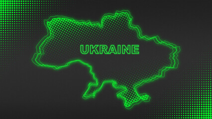 Neon Green Ukraine Map Outline Futuristic Digital Glow Halftone Illustration