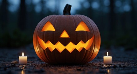 Obraz premium Illuminated jack-o'-lantern in dark forest