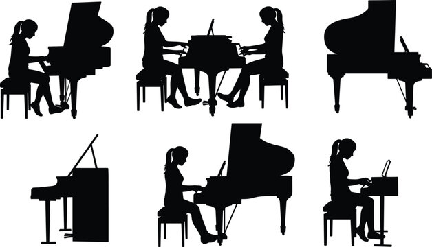 Silhouette woman playing piano, pianist performing music, grand piano, classical performance, concert practice, musician sitting, female pianist learning instrument - Powered by Adobe
