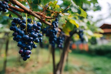 Freshly harvested dark blue grapes hanging from a vine, surrounded by lush green leaves in a vineyard, showcasing the beauty of nature and agricultural abundance