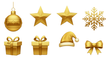 A set of various Christmas decorations, including hanging tree ornaments, balls, and ribbons, for the winter holiday season. Set of Christmas icons