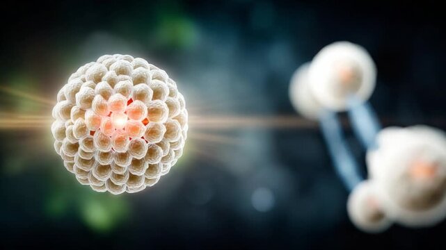 Celestial Molecule Visualization: A luminous close-up reveals a sphere of interconnected molecules, radiating an otherworldly glow against a blurred dark background.