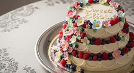 Elegant multi-tiered cake decorated with flowers and fruits  
