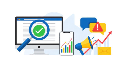 Flat design: monitor, green checkmark, blue magnifier, smartphone charts, yellow megaphone, chat bubbles, yellow envelope on white, concept of online success.
