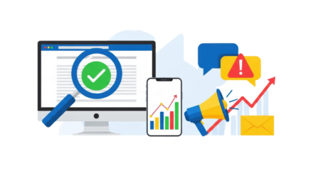 Flat design: monitor, green checkmark, blue magnifier, smartphone charts, yellow megaphone, chat bubbles, yellow envelope on white, concept of online success.