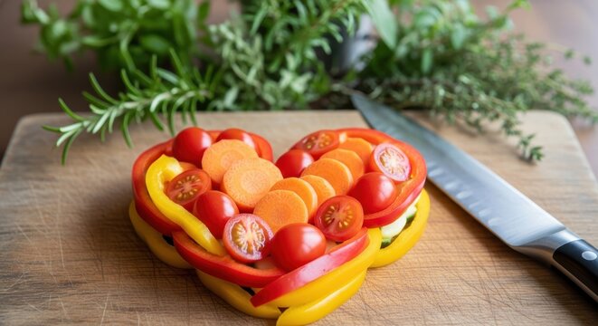 Colorful heart-shaped vegetable arrangement on a wooden board  