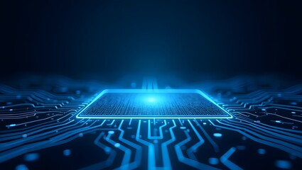 a close-up of a glowing computer processor against a dark blue background, symbolizing innovation and digital transformation. The processor is surrounded by intricate circuitry and pathways.
