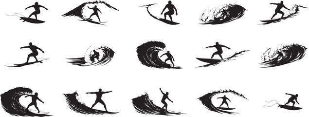 Surfing silhouette vector art collection of wave riders for logo design and summer beach vibes art