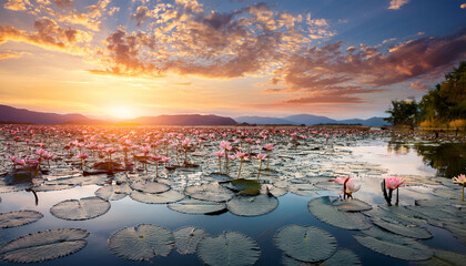 Peaceful Zen Landscape With Serene Water Lilies And Calming Clouds During Sunset
