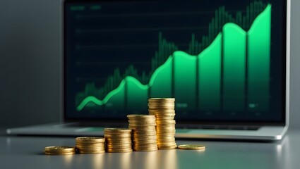 A rising stock chart with stacks of gold coins represents financial growth