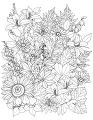 Coloring page for adults and children. Bouquet of flowers.