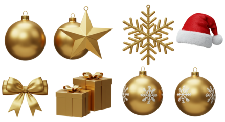 A set of various Christmas decorations, including hanging tree ornaments, balls, and ribbons, for the winter holiday season. Set of Christmas icons