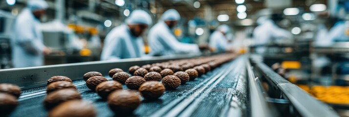 Workers in a factory assembling chocolate treats on an assembly line during daytime hours