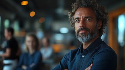 Confident Business Leader: A sharp, focused entrepreneur with crossed arms, exudes authority and expertise in a modern workplace setting. The photograph highlights confidence and leadership qualities.