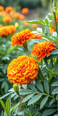 Vibrant orange marigold flowers with detailed petals and green foliage
