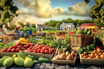 Farmers market bustling with fresh produce under a vibrant sky during late afternoon