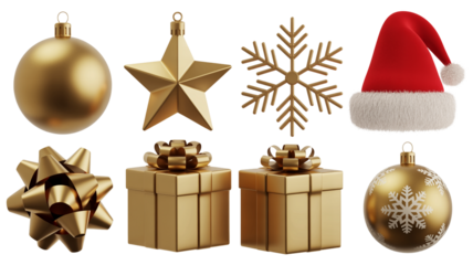 A set of various Christmas decorations, including hanging tree ornaments, balls, and ribbons, for the winter holiday season. Set of Christmas icons