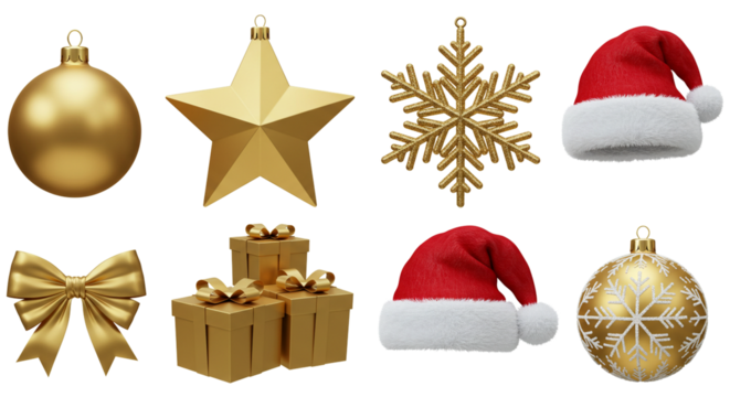 A set of various Christmas decorations, including hanging tree ornaments, balls, and ribbons, for the winter holiday season. Set of Christmas icons - Powered by Adobe