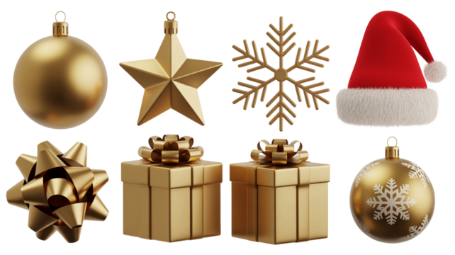 A set of various Christmas decorations, including hanging tree ornaments, balls, and ribbons, for the winter holiday season. Set of Christmas icons