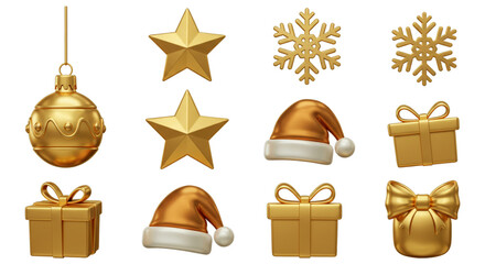 A set of various Christmas decorations, including hanging tree ornaments, balls, and ribbons, for the winter holiday season. Set of Christmas icons