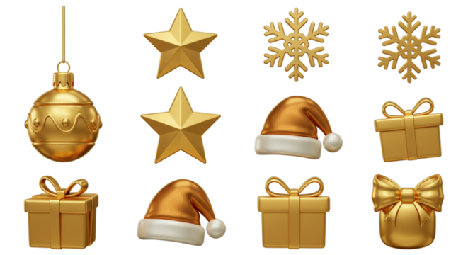 A set of various Christmas decorations, including hanging tree ornaments, balls, and ribbons, for the winter holiday season. Set of Christmas icons