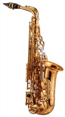 Close up of a gleaming gold alto saxophone against a white background. The instrument is presented in profile view, showcasing its intricate details.