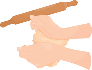  Hands kneading dough. Dough with flour. Baking, bakery, cooking, sweets, dessert, baking concept. Isolated vector illustrations for posters, banners, postcards, and advertisements.
