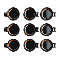 Eight Black Coffee Mugs Top View Dark png