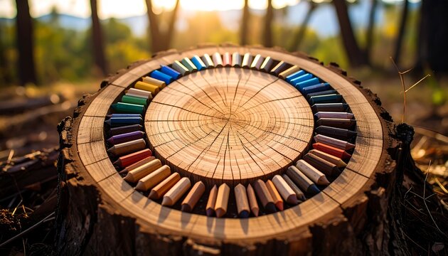 Colorful pencils arranged on a tree stump in a forest - Powered by Adobe