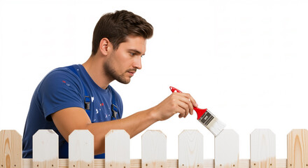 A meticulous man in blue overalls carefully paints a picket fence with a paintbrush, his focused concentration captured in a pristine, clean composition against a white backdrop.

