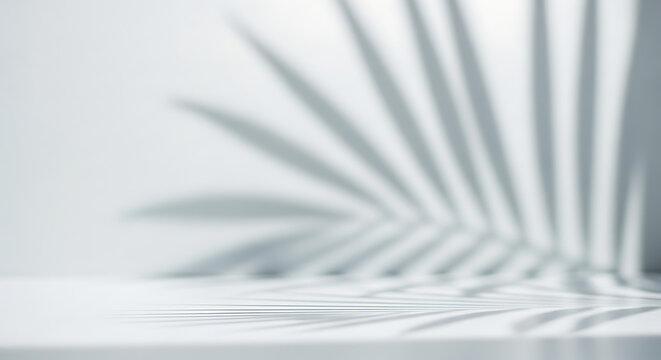 Soft, diffused light casts the shadow of a palm leaf onto a clean, minimalist white surface, creating a serene and airy atmosphere