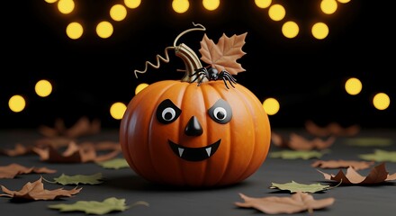 Spooky Halloween pumpkin with creepy eyes and spider on a dark background
