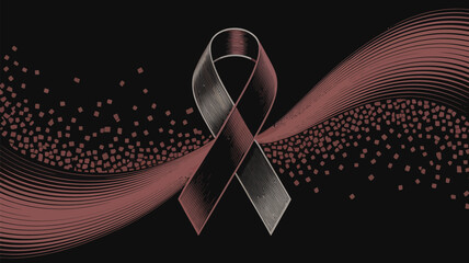 Illustrated ribbon with waves and squares on a black background for awareness and support themes
