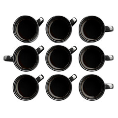 Eight Black Coffee Mugs Top View Dark png