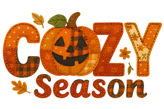 Cute patchwork pumpkin with “Cozy Season” text in faux embroidery style. Perfect for fall and autumn crafts, Thanksgiving decor, sublimation projects, farmhouse rustic designs, and warm seasonal DIY a