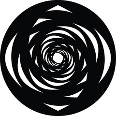 stract black and white spiral illustration, characterized by a swirling pattern of shapes