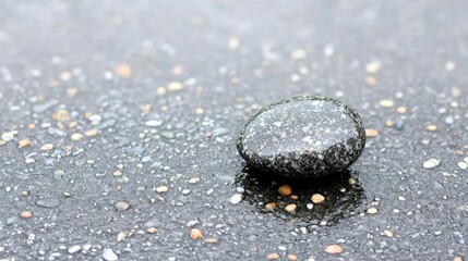 A small black pebble on a wet asphalt road.