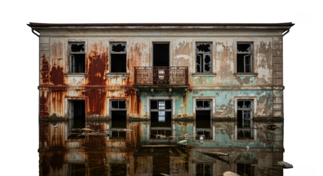 Decayed building inundated by murky floodwaters